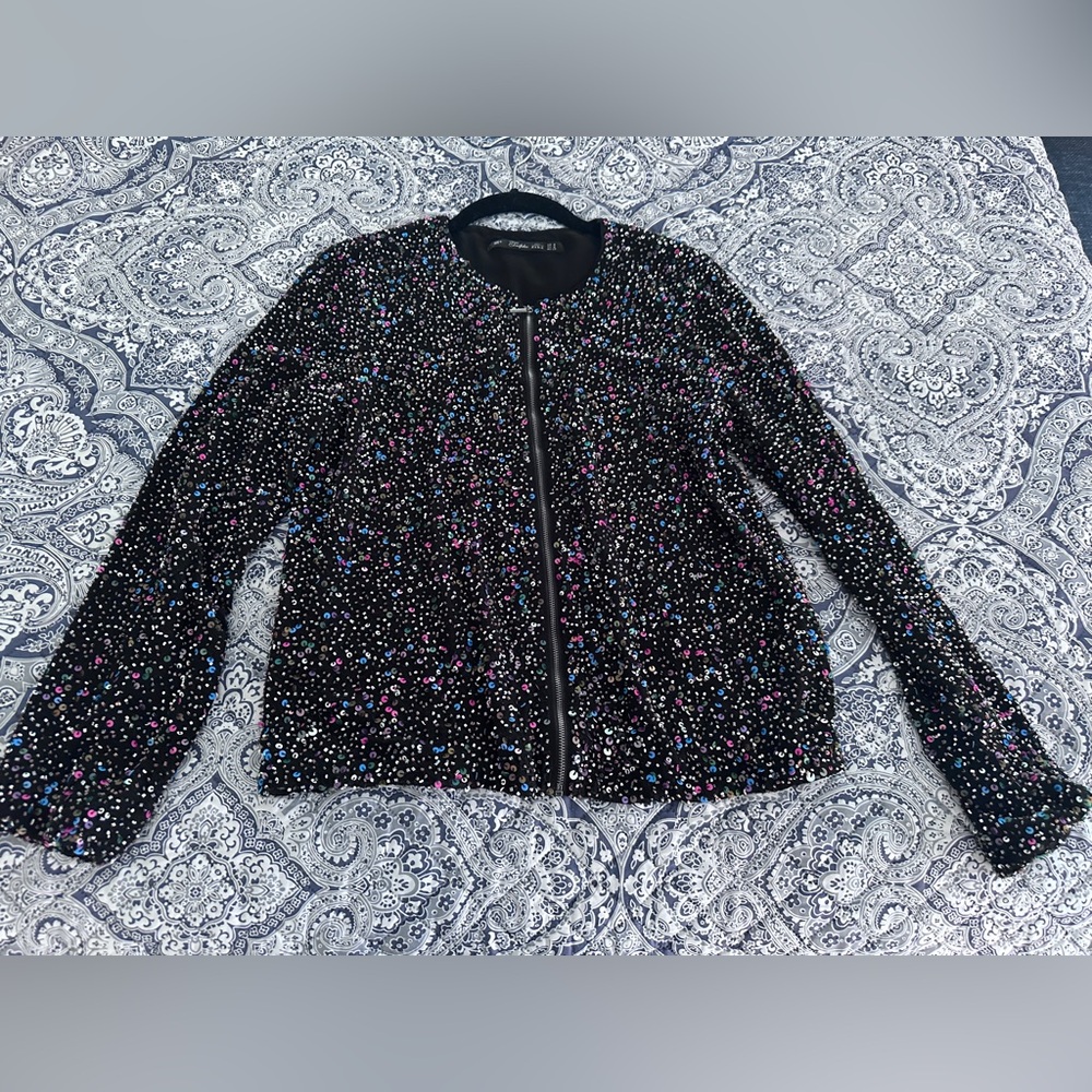 Zara Sequined and Beaded Zip Jacket in size M